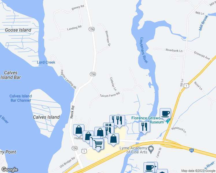 map of restaurants, bars, coffee shops, grocery stores, and more near 4 Catbriar Lane in Old Lyme
