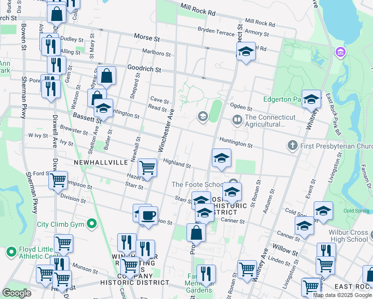 map of restaurants, bars, coffee shops, grocery stores, and more near 104 Sheldon Terrace in New Haven