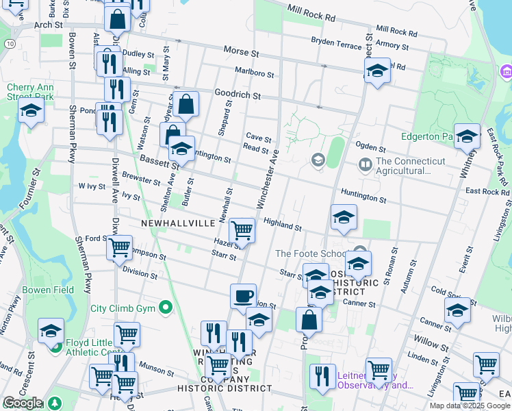 map of restaurants, bars, coffee shops, grocery stores, and more near 12 Lilac Street in New Haven