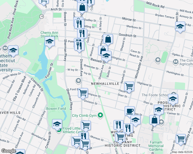 map of restaurants, bars, coffee shops, grocery stores, and more near 172 Ivy Street in New Haven
