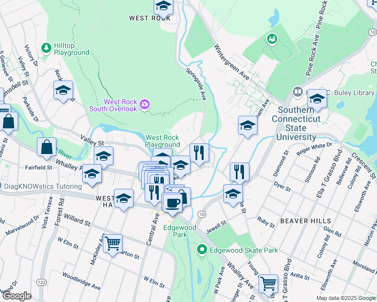 map of restaurants, bars, coffee shops, grocery stores, and more near 30 Austin Street in New Haven