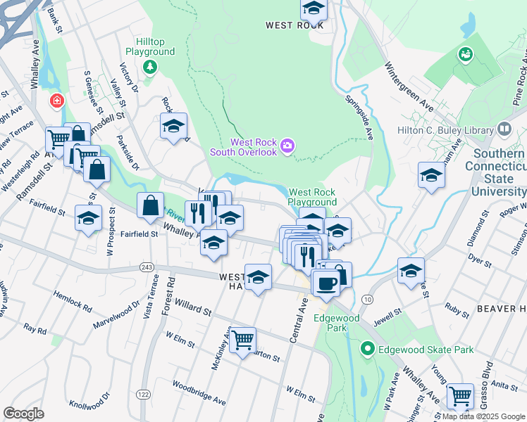 map of restaurants, bars, coffee shops, grocery stores, and more near 120 Valley Street in New Haven