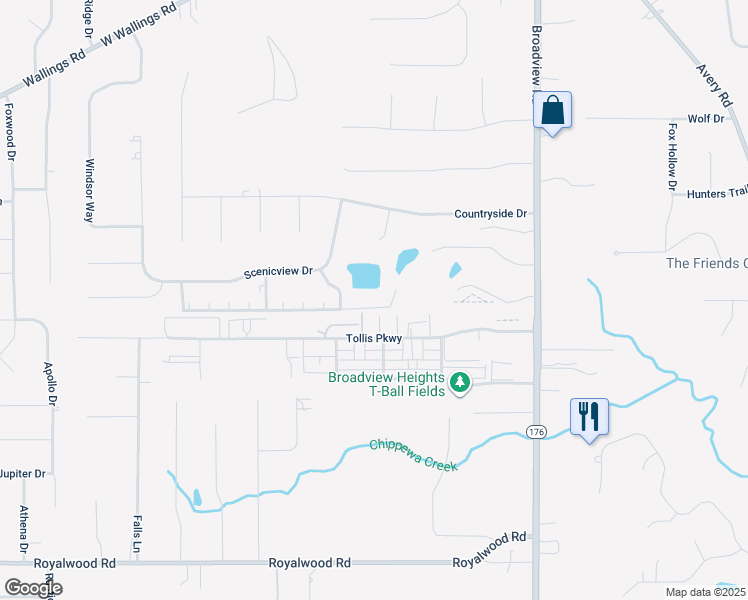 map of restaurants, bars, coffee shops, grocery stores, and more near 724 Tollis Parkway in Broadview Heights