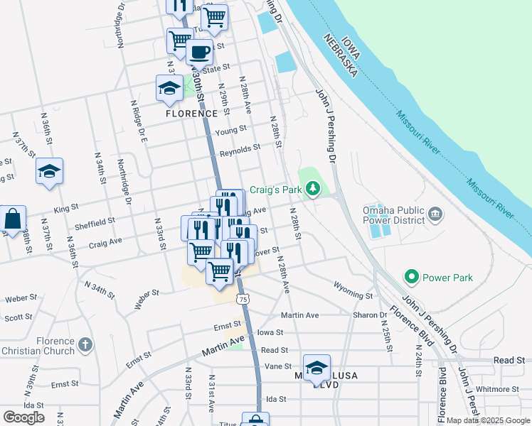 map of restaurants, bars, coffee shops, grocery stores, and more near 7607 North 29th Street in Omaha
