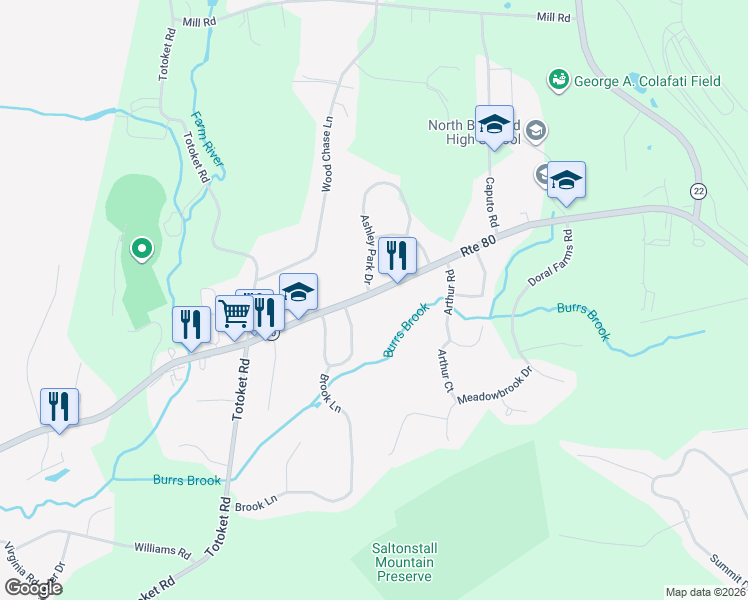 map of restaurants, bars, coffee shops, grocery stores, and more near 405 Foxon Road in North Branford