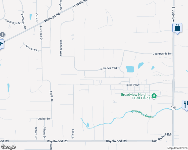 map of restaurants, bars, coffee shops, grocery stores, and more near 8663 Scenicview Drive in Broadview Heights