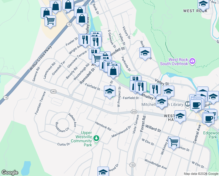 map of restaurants, bars, coffee shops, grocery stores, and more near 73 Davis Street in New Haven