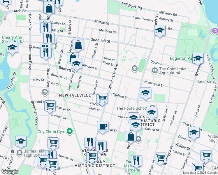 map of restaurants, bars, coffee shops, grocery stores, and more near 12 Lilac Street in New Haven
