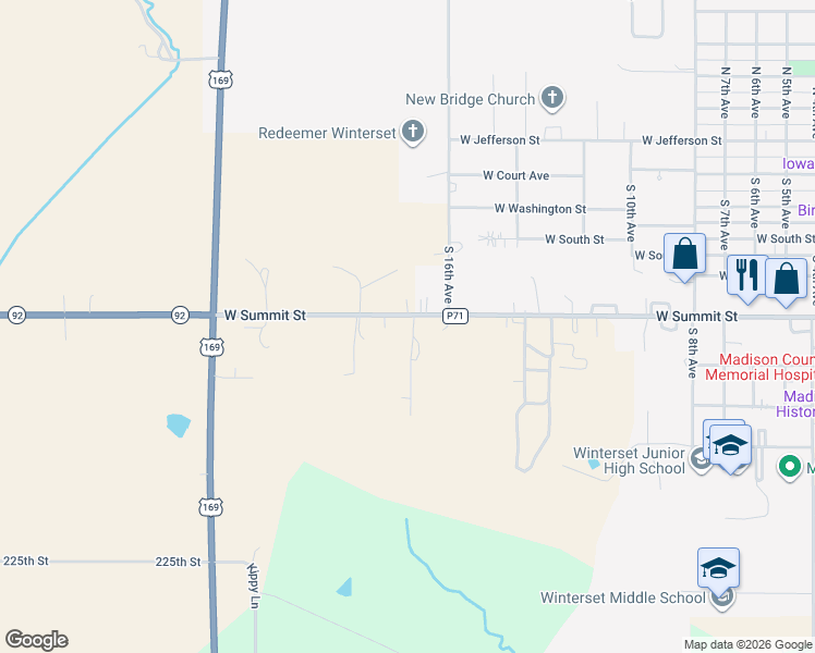 map of restaurants, bars, coffee shops, grocery stores, and more near 1824 West Summit Street in Winterset