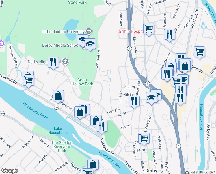 map of restaurants, bars, coffee shops, grocery stores, and more near 55 Summit Street in Derby