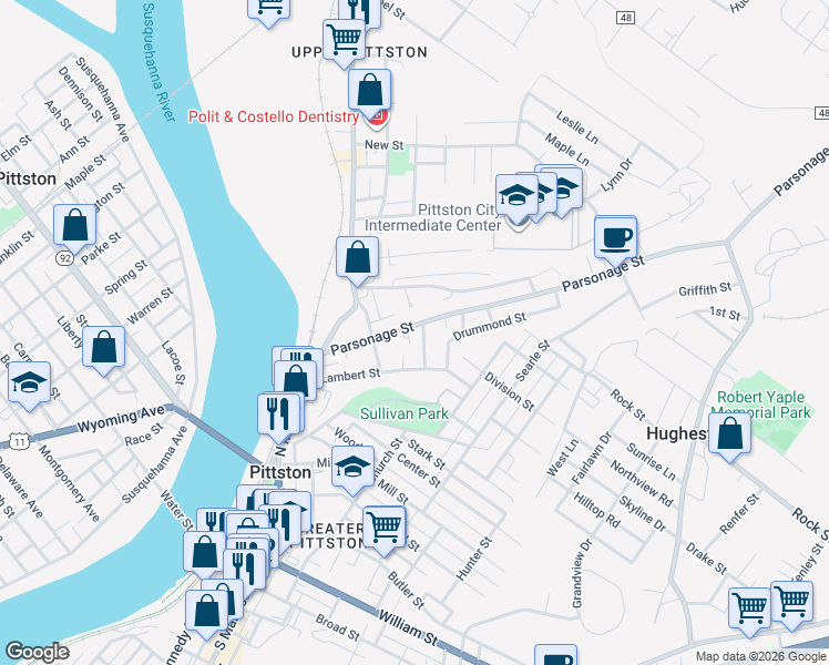 map of restaurants, bars, coffee shops, grocery stores, and more near 57-59 Parsonage Street in Pittston