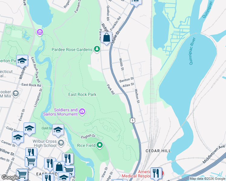 map of restaurants, bars, coffee shops, grocery stores, and more near 45 Park Road in Hamden