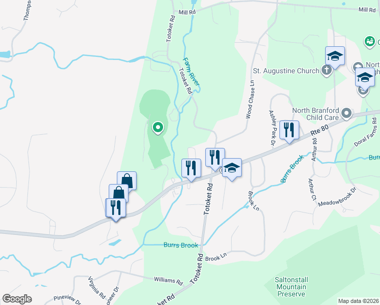 map of restaurants, bars, coffee shops, grocery stores, and more near 224 Foxon Road in North Branford