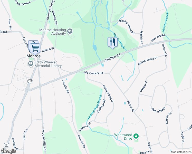 map of restaurants, bars, coffee shops, grocery stores, and more near 24 Williamsburg Drive in Monroe