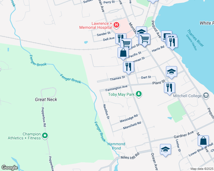 map of restaurants, bars, coffee shops, grocery stores, and more near 67 Farmington Avenue in New London