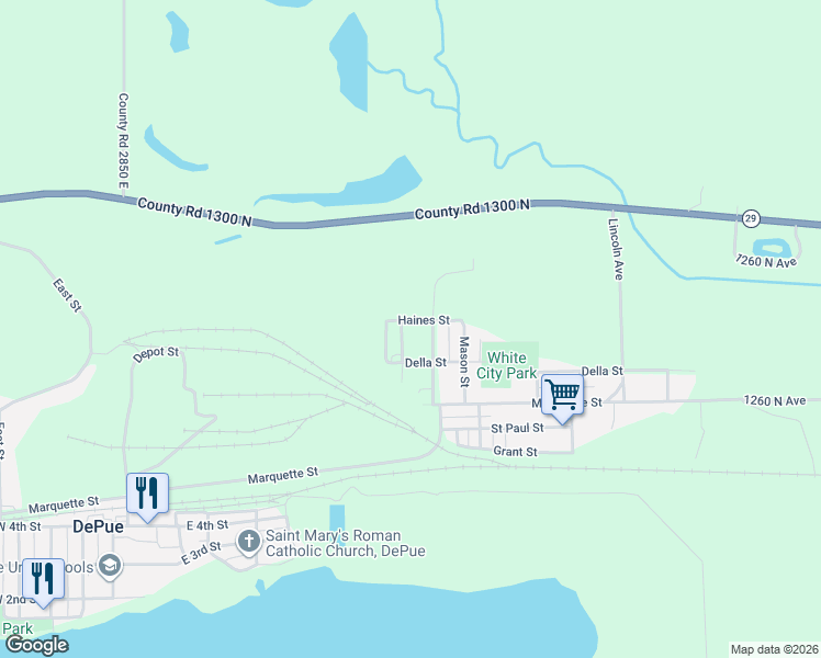 map of restaurants, bars, coffee shops, grocery stores, and more near 407 Oak Street in DePue