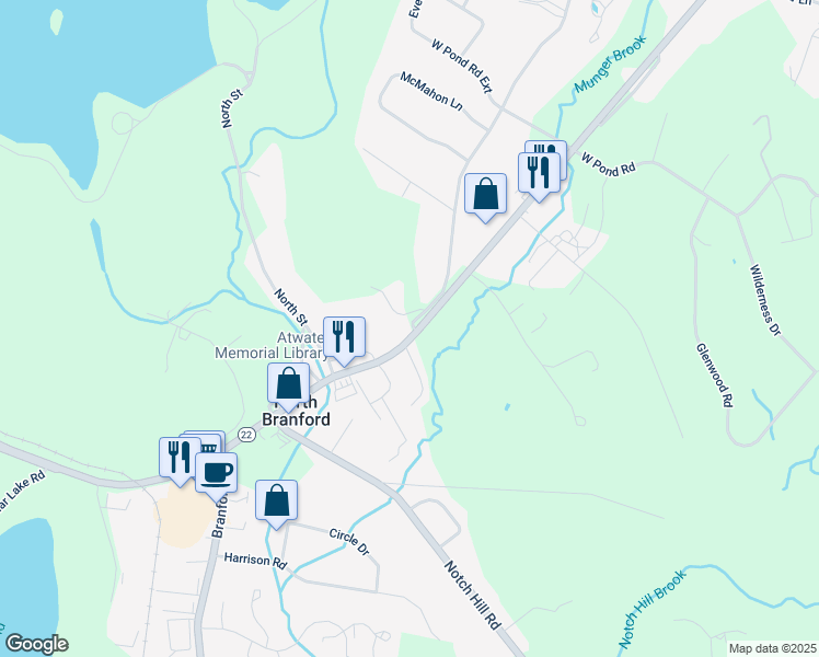 map of restaurants, bars, coffee shops, grocery stores, and more near 1765 Foxon Road in North Branford
