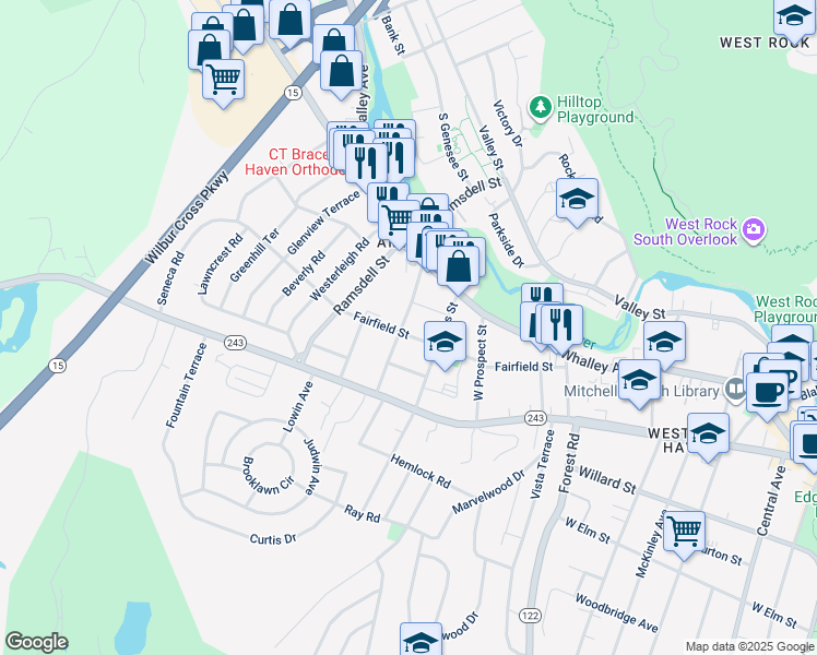map of restaurants, bars, coffee shops, grocery stores, and more near 47 Anthony Street in New Haven