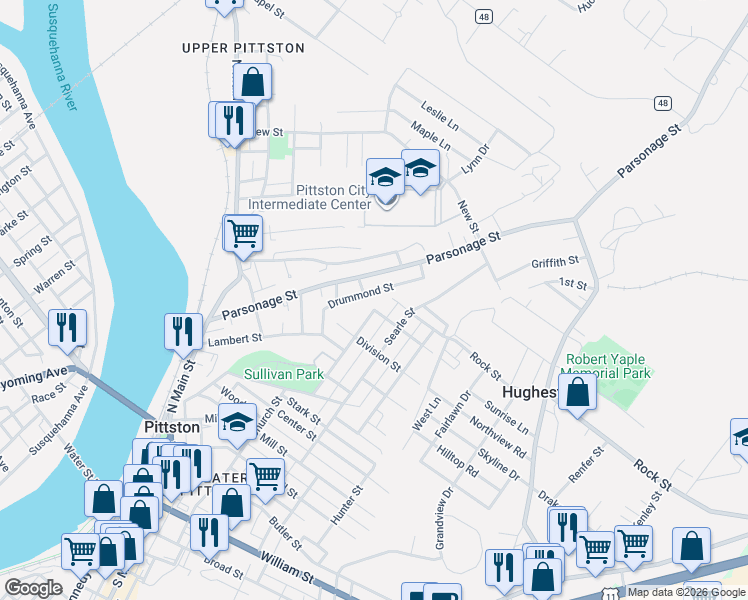 map of restaurants, bars, coffee shops, grocery stores, and more near 43 Drummond St in Pittston