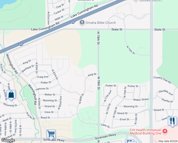 map of restaurants, bars, coffee shops, grocery stores, and more near 7827 King Street in Omaha