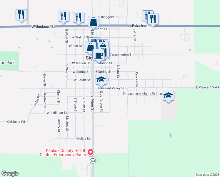 map of restaurants, bars, coffee shops, grocery stores, and more near 500 South Shuffleton Street in Sigourney