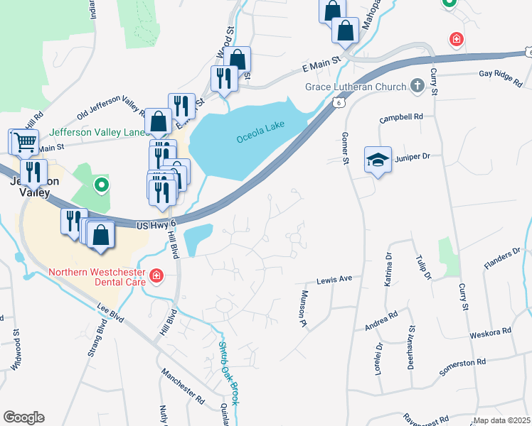 map of restaurants, bars, coffee shops, grocery stores, and more near 154 Carriage Court in Yorktown Heights