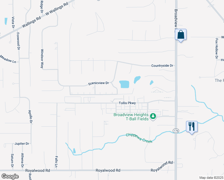 map of restaurants, bars, coffee shops, grocery stores, and more near 8609 Scenicview Drive in Broadview Heights