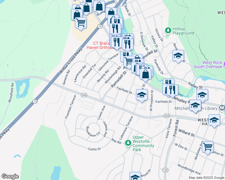 map of restaurants, bars, coffee shops, grocery stores, and more near 18 Field Street in New Haven