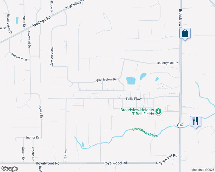 map of restaurants, bars, coffee shops, grocery stores, and more near 8619 Scenicview Drive in Broadview Heights