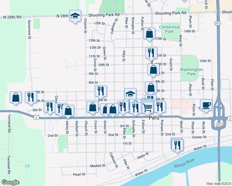 map of restaurants, bars, coffee shops, grocery stores, and more near 1002 Calhoun Street in Peru