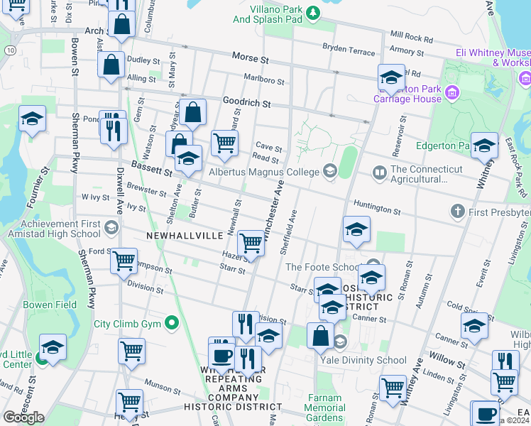 map of restaurants, bars, coffee shops, grocery stores, and more near 12 Lilac Street in New Haven