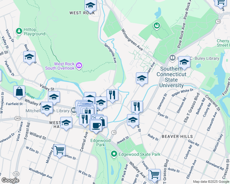 map of restaurants, bars, coffee shops, grocery stores, and more near in New Haven