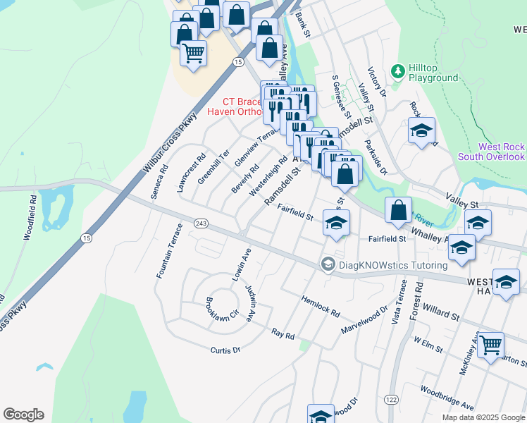 map of restaurants, bars, coffee shops, grocery stores, and more near 18 Field Street in New Haven