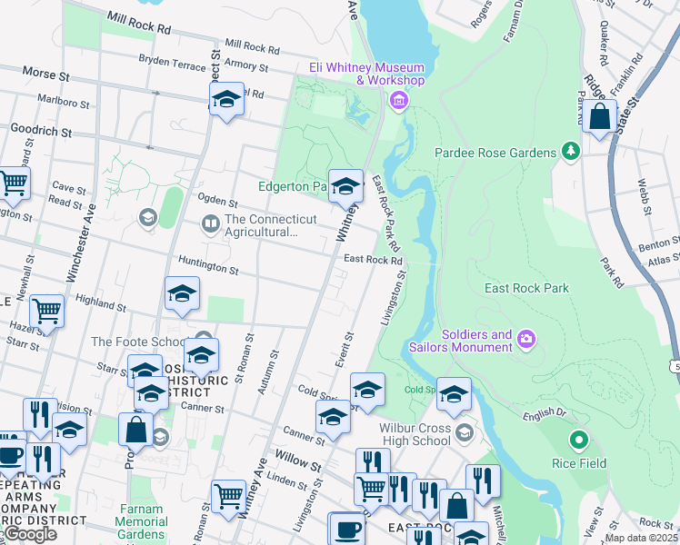 map of restaurants, bars, coffee shops, grocery stores, and more near 725 Whitney Avenue in New Haven