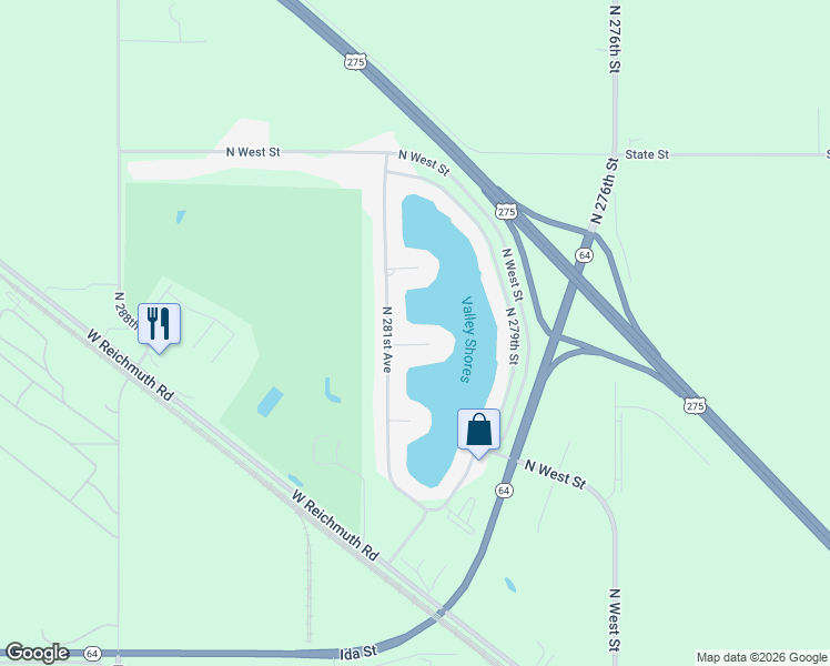 map of restaurants, bars, coffee shops, grocery stores, and more near 28041 Sunrise Circle in Valley