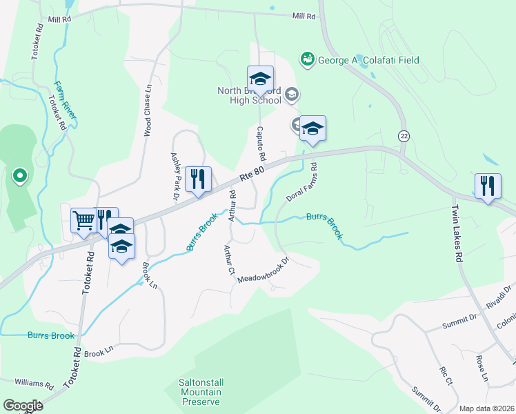 map of restaurants, bars, coffee shops, grocery stores, and more near 24 Edward Road in North Branford