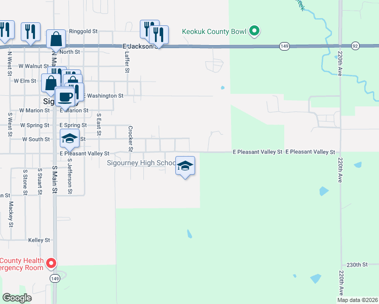 map of restaurants, bars, coffee shops, grocery stores, and more near 999 East Pleasant Valley Street in Sigourney