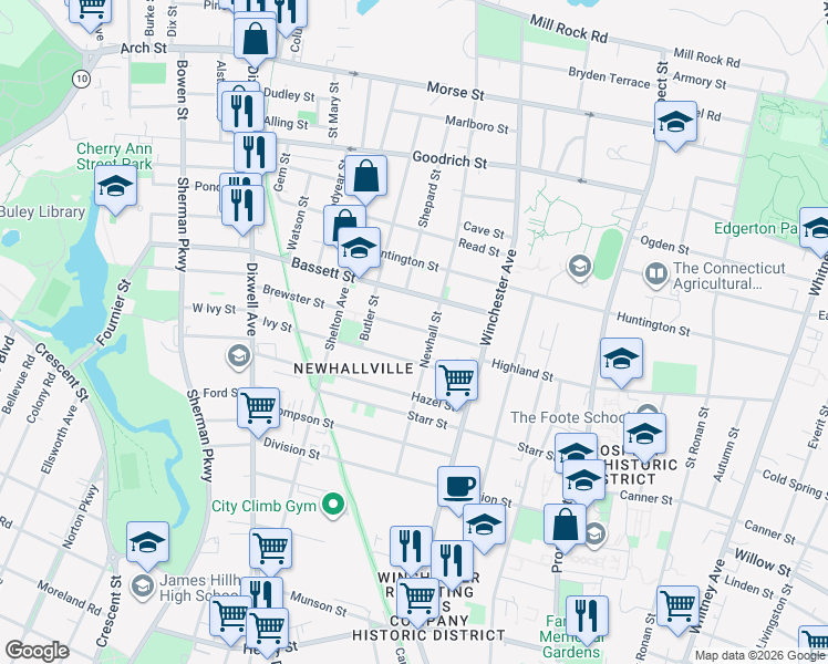 map of restaurants, bars, coffee shops, grocery stores, and more near 72 Lilac Street in New Haven