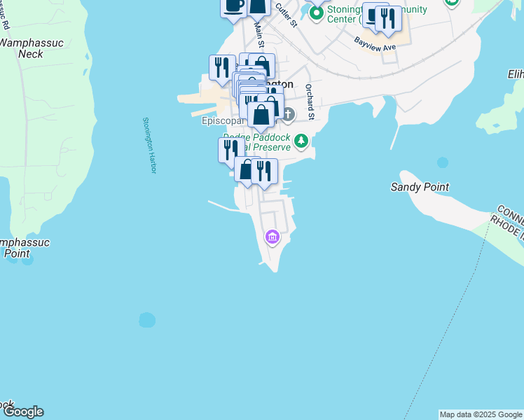 map of restaurants, bars, coffee shops, grocery stores, and more near 33 Water Street in Stonington