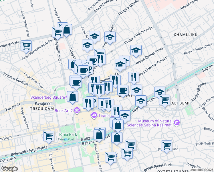 map of restaurants, bars, coffee shops, grocery stores, and more near Rruga Shenasi Dishnica in Tiranë
