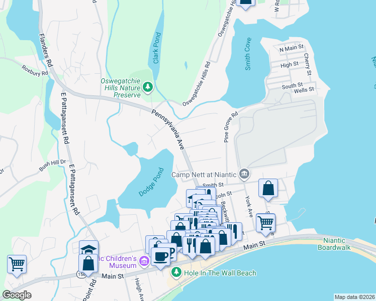 map of restaurants, bars, coffee shops, grocery stores, and more near 146 Pennsylvania Avenue in East Lyme
