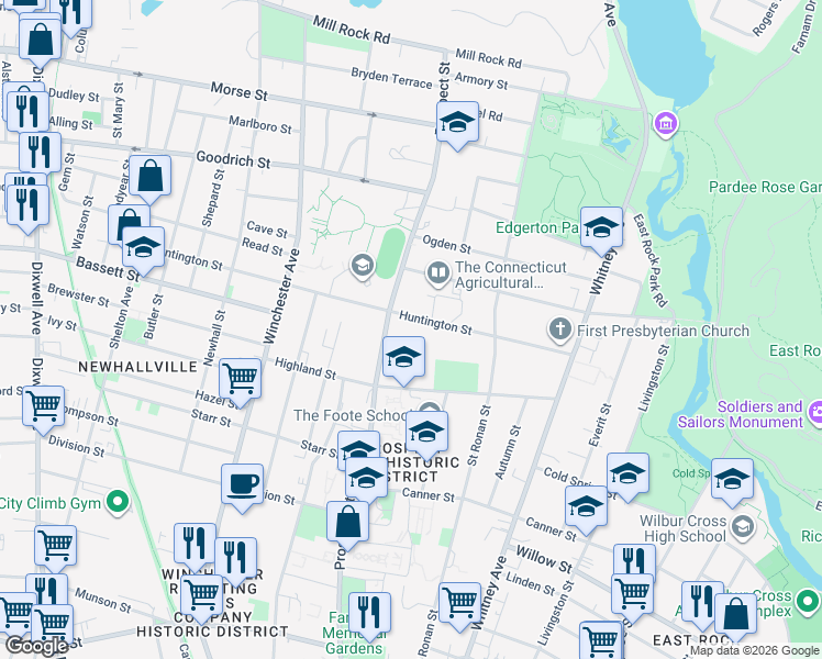 map of restaurants, bars, coffee shops, grocery stores, and more near 162 Huntington Street in New Haven