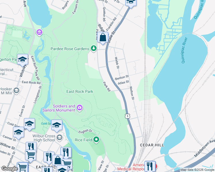 map of restaurants, bars, coffee shops, grocery stores, and more near 45 Park Road in Hamden
