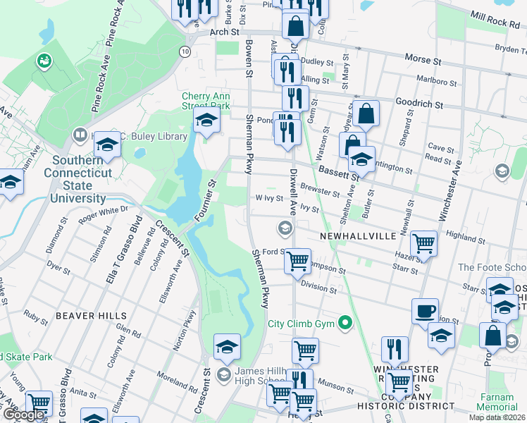 map of restaurants, bars, coffee shops, grocery stores, and more near 270 West Hazel Street in New Haven