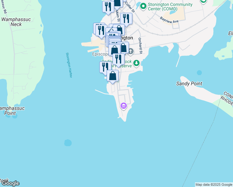 map of restaurants, bars, coffee shops, grocery stores, and more near 24 Water Street in Stonington