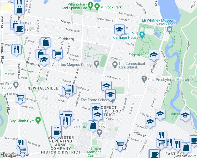map of restaurants, bars, coffee shops, grocery stores, and more near 640 Prospect Street in New Haven