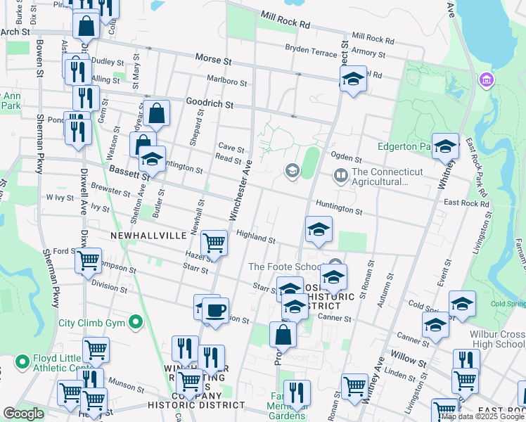 map of restaurants, bars, coffee shops, grocery stores, and more near 104 Sheldon Terrace in New Haven