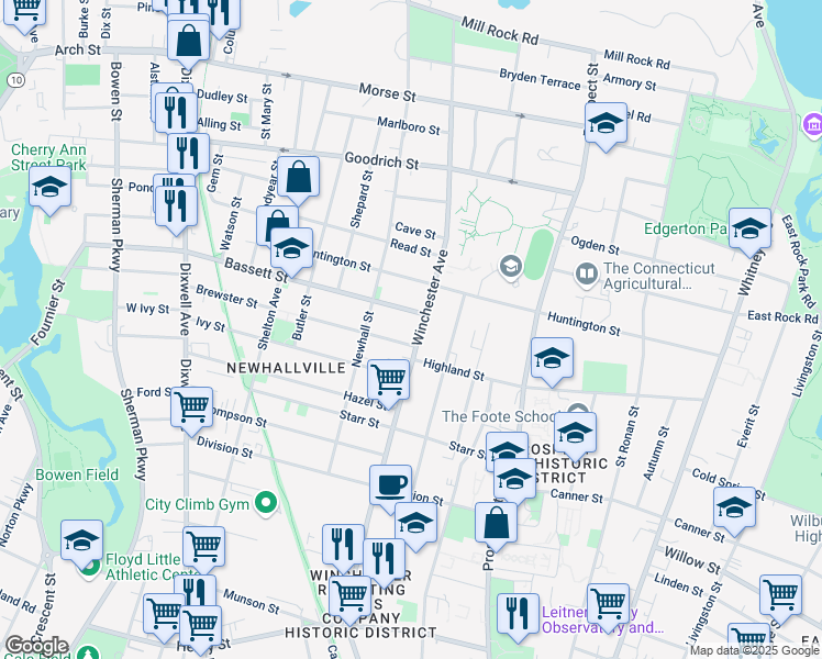 map of restaurants, bars, coffee shops, grocery stores, and more near 12 Lilac Street in New Haven