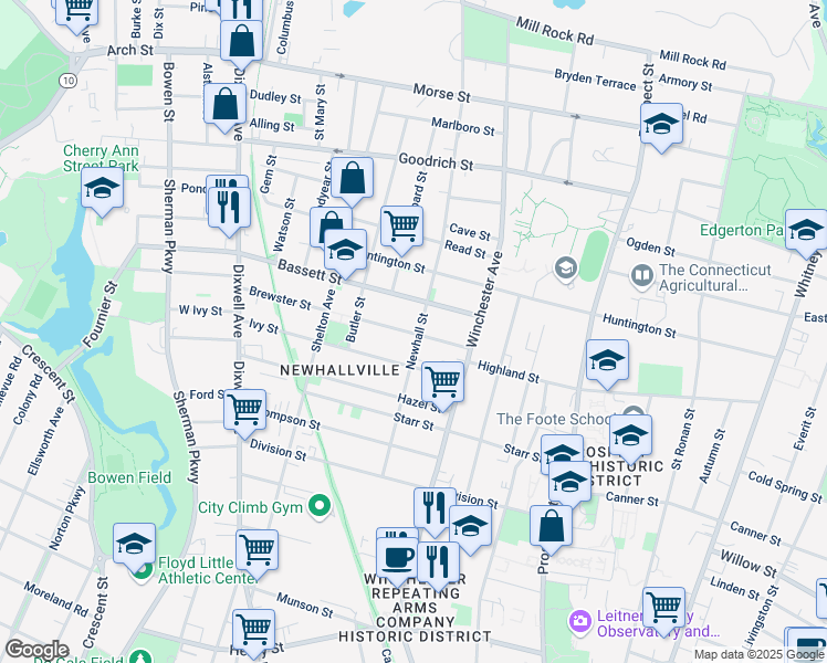 map of restaurants, bars, coffee shops, grocery stores, and more near 206 Newhall Street in New Haven