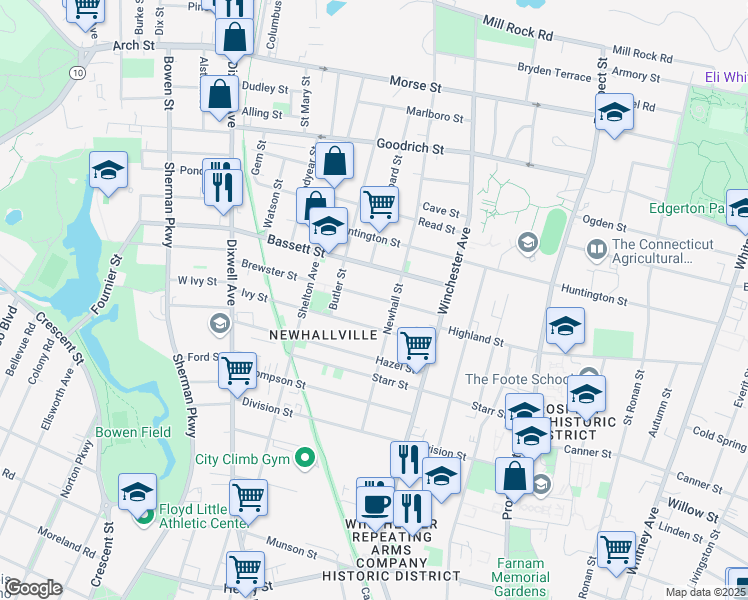 map of restaurants, bars, coffee shops, grocery stores, and more near 206 Newhall Street in New Haven